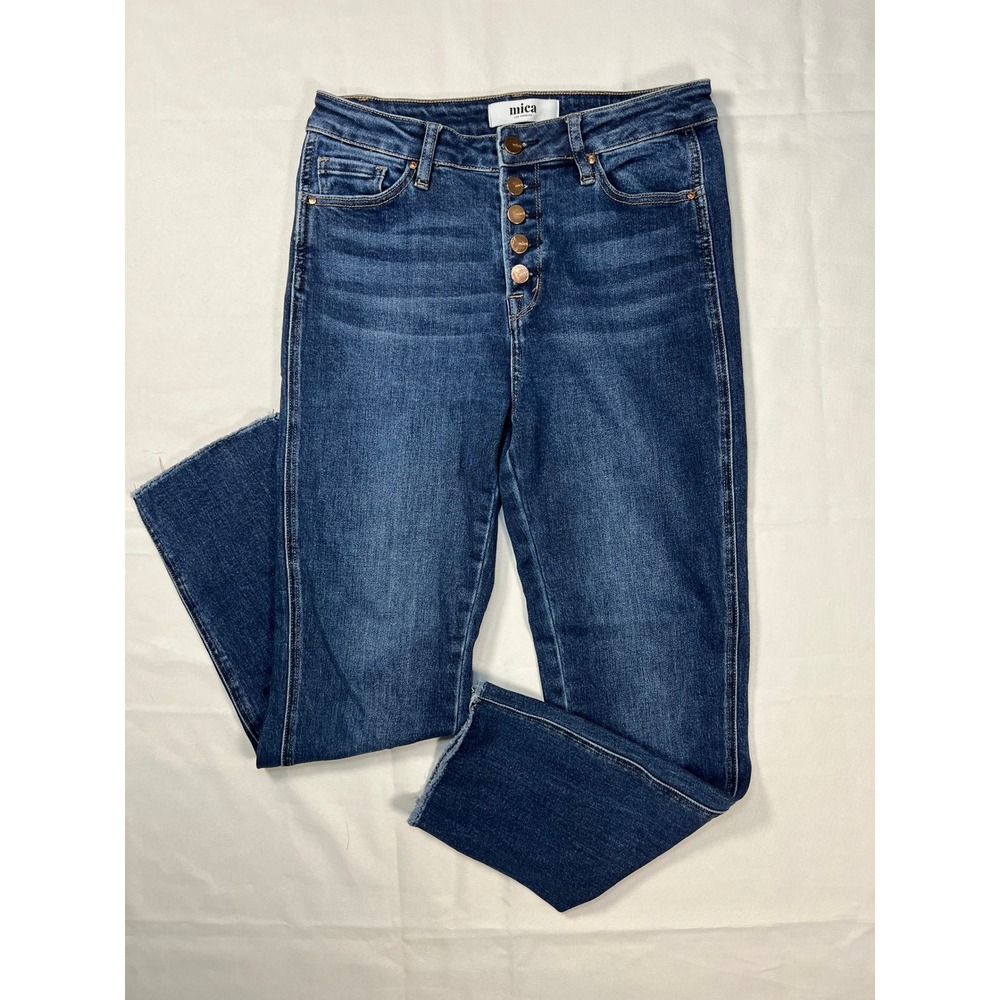 Mica Denim Jeans 29 Dark Blue High Rise Ankle Skinny Button Fly Raw Hem
